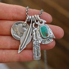 Load image into Gallery viewer, Royston turquoise Thunderbird + Feather Reworked Necklace