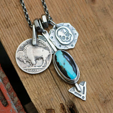 Load image into Gallery viewer, Blue Moon turquoise Arrow Pendant + Buffalo Nickel Reworked Necklace
