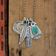 Load image into Gallery viewer, Royston turquoise Thunderbird + Feather Reworked Necklace