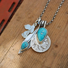 Load image into Gallery viewer, Vintage Sterling Silver Snoopy pendant + Nacozari turquoise Feather Pendant Reworked Necklace