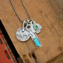 Load image into Gallery viewer, Sonoran Mountain turquoise Thunderbird + Nacozari turquoise Bar Pendant Reworked Necklace