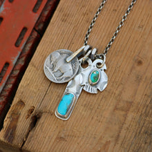 Load image into Gallery viewer, Sonoran Mountain turquoise Thunderbird + Nacozari turquoise Bar Pendant Reworked Necklace