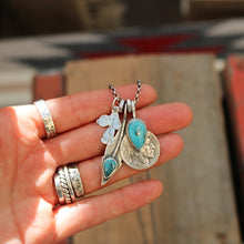 Load image into Gallery viewer, Vintage Sterling Silver Snoopy pendant + Nacozari turquoise Feather Pendant Reworked Necklace