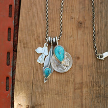 Load image into Gallery viewer, Vintage Sterling Silver Snoopy pendant + Nacozari turquoise Feather Pendant Reworked Necklace