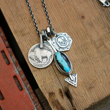 Load image into Gallery viewer, Blue Moon turquoise Arrow Pendant + Buffalo Nickel Reworked Necklace
