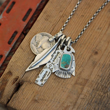 Load image into Gallery viewer, Royston turquoise Thunderbird + Feather Reworked Necklace