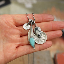Load image into Gallery viewer, Pilot Mountain turquoise Feather + White Buffalo Nickel Pendant Reworked Necklace