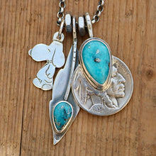 Load image into Gallery viewer, Vintage Sterling Silver Snoopy pendant + Nacozari turquoise Feather Pendant Reworked Necklace