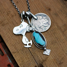Load image into Gallery viewer, Vintage Sterling Silver Snoopy pendant + Blue Moon turquoise Pendant Reworked Necklace