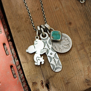 Vintage Snoopy pendant with Royston turquoise  + 1915 Nickel Reworked Necklace