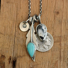Load image into Gallery viewer, Pilot Mountain turquoise Feather + White Buffalo Nickel Pendant Reworked Necklace
