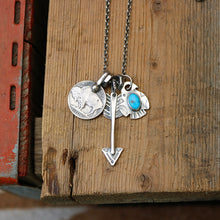 Load image into Gallery viewer, Kings Manassa turquoise Thunderbird + Buffalo Nickel Reworked Necklace