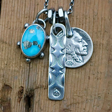 Load image into Gallery viewer, Blue Bird turquoise Pendant + Bar Pendant Reworked Necklace