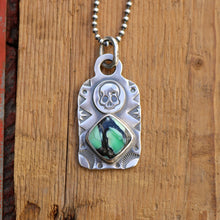 Load image into Gallery viewer, Rose Emerald Variscite + Sterling Silver Skull Dog Tag Necklace
