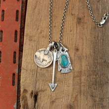 Load image into Gallery viewer, Bandits Mine turquoise Thunderbird + Arrow Reworked Necklace
