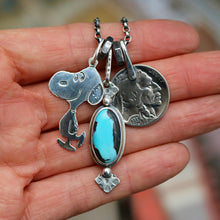 Load image into Gallery viewer, Vintage Sterling Silver Snoopy pendant + Blue Moon turquoise Pendant Reworked Necklace