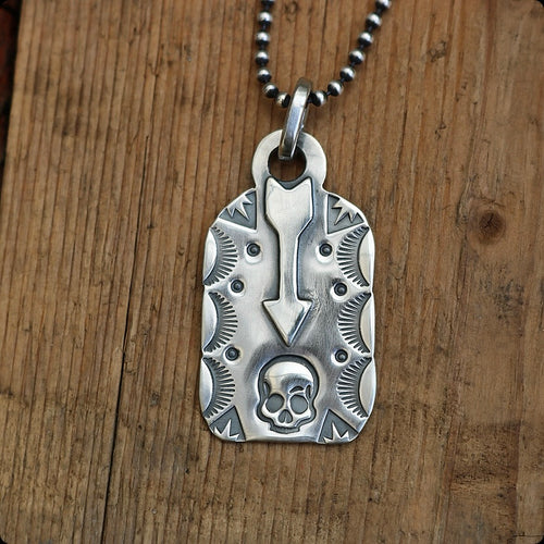 Sterling Silver Arrow + Skull Dog Tag Necklace
