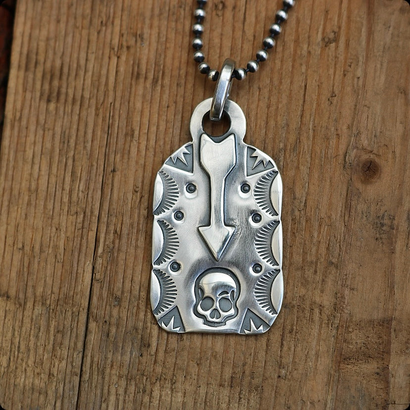 Sterling Silver Arrow + Skull Dog Tag Necklace