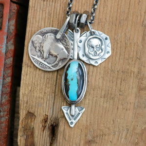 Blue Moon turquoise Arrow Pendant + Buffalo Nickel Reworked Necklace