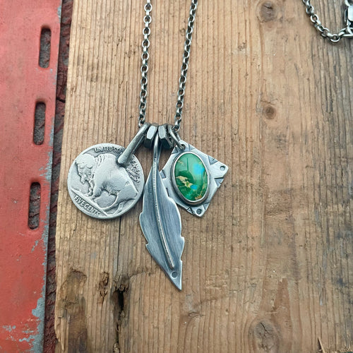 Sonoran Mountain turquoise Pendant + Feather Pendant Reworked Necklace
