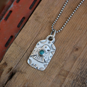 Sterling Silver Thunderbird with Cloud Mountain turquoise Dog Tag Necklace