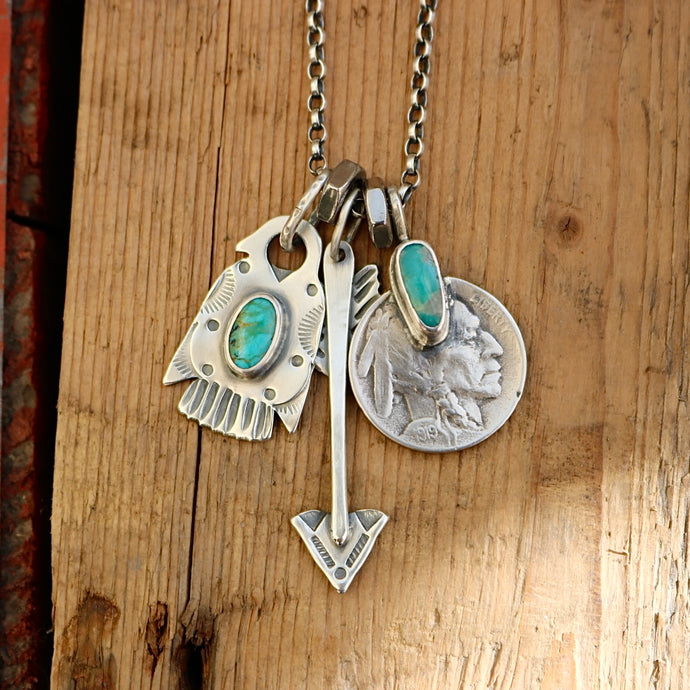 Kingman turquoise Nickel + Thunderbird Reworked Necklace