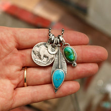 Load image into Gallery viewer, Sonoran Mountain Turquoise Pendant + Nacozari Feather Pendant Reworked Necklace