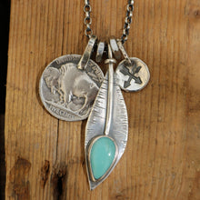 Load image into Gallery viewer, Pilot Mountain Turquoise Feather + Buffalo Nickel Reworked Necklace