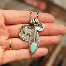 Load image into Gallery viewer, Pilot Mountain Turquoise Feather + Buffalo Nickel Reworked Necklace