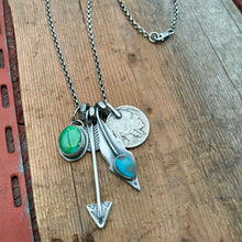 Load image into Gallery viewer, Sonoran Mountain turquoise Pendant + Blue Bird turquoise Feather Reworked Necklace