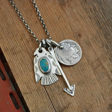 Load image into Gallery viewer, Bandits Mine turquoise Thunderbird + Arrow Reworked Necklace