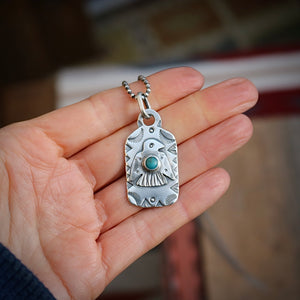 Sterling Silver Thunderbird with Cloud Mountain turquoise Dog Tag Necklace