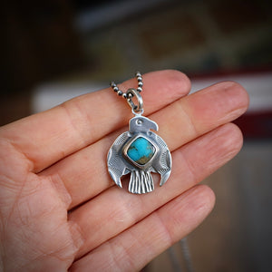 Sterling Silver Thunderbird with Bandits Mine turquoise pendant Necklace