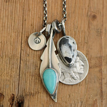 Load image into Gallery viewer, Pilot Mountain turquoise Feather + White Buffalo Nickel Pendant Reworked Necklace