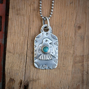 Sterling Silver Thunderbird with Cloud Mountain turquoise Dog Tag Necklace