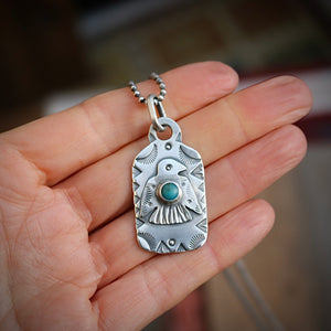 Sterling Silver Thunderbird with Cloud Mountain turquoise Dog Tag Necklace