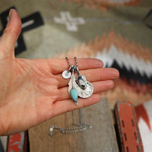 Load image into Gallery viewer, Pilot Mountain turquoise Feather + White Buffalo Nickel Pendant Reworked Necklace