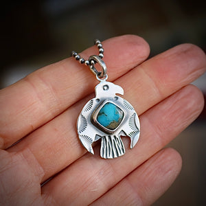 Sterling Silver Thunderbird with Bandits Mine turquoise pendant Necklace