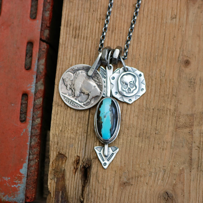 Blue Moon turquoise Arrow Pendant + Buffalo Nickel Reworked Necklace