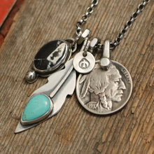Load image into Gallery viewer, White Buffalo Pendant + Pilot Mountain Turquoise Feather Pendant Reworked Necklace