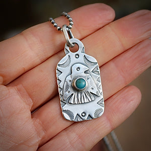 Sterling Silver Thunderbird with Cloud Mountain turquoise Dog Tag Necklace
