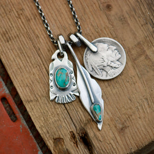 Royston turquoise Thunderbird + Feather Reworked Necklace