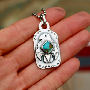 Sterling Silver Thunderbird with Bandits Mine turquoise Dog Tag Necklace