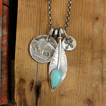 Load image into Gallery viewer, Pilot Mountain Turquoise Feather + Buffalo Nickel Reworked Necklace