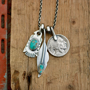 Royston turquoise Thunderbird + Feather Reworked Necklace