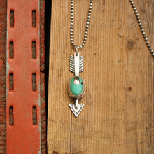 Load image into Gallery viewer, Sterling Silver + Nacozari Turquoise with Pyrite Arrow Necklace
