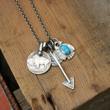 Load image into Gallery viewer, Kings Manassa turquoise Thunderbird + Buffalo Nickel Reworked Necklace