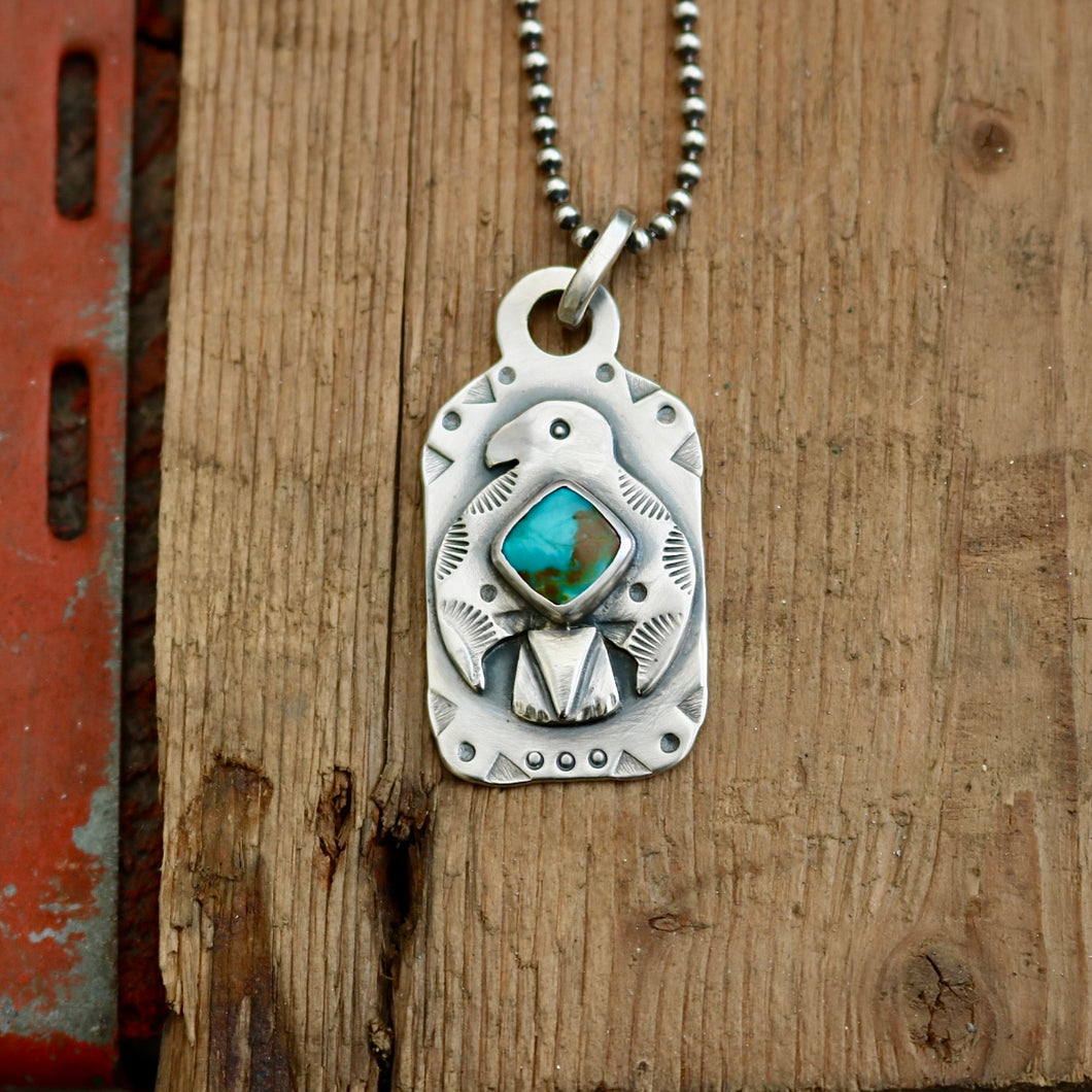 Sterling Silver Thunderbird with Bandits Mine turquoise Dog Tag Necklace