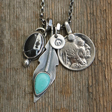 Load image into Gallery viewer, White Buffalo Pendant + Pilot Mountain Turquoise Feather Pendant Reworked Necklace