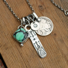 Load image into Gallery viewer, Rose Emerald Variscite Pendant + Thunderbird Bar Pendant Reworked Necklace